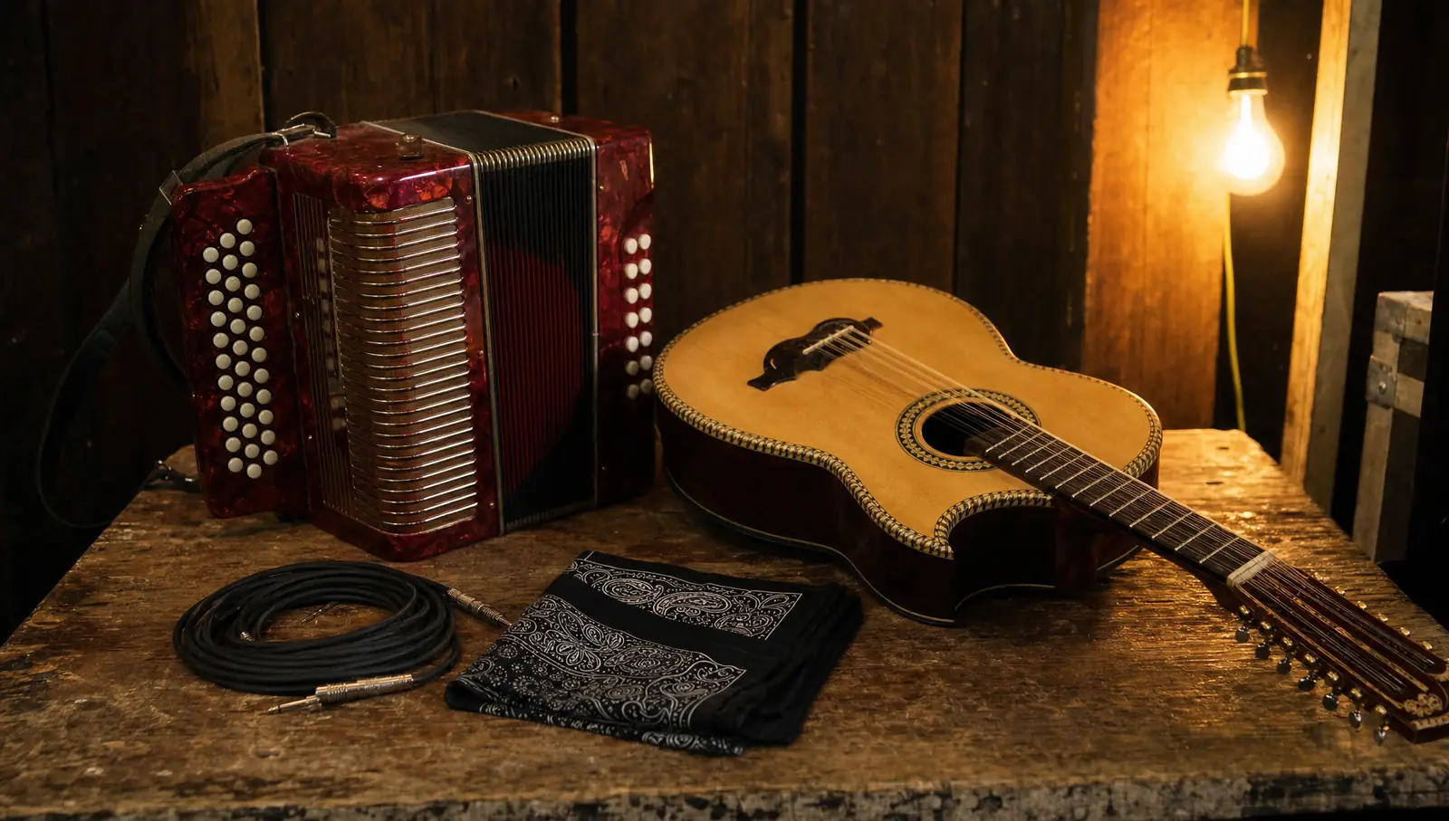 Un acordeón rojo de botones y una guitarra de cuerdas dobles sobre una mesa de madera detrás del escenario, junto a un cable y un paliacate, bajo la luz de un foco