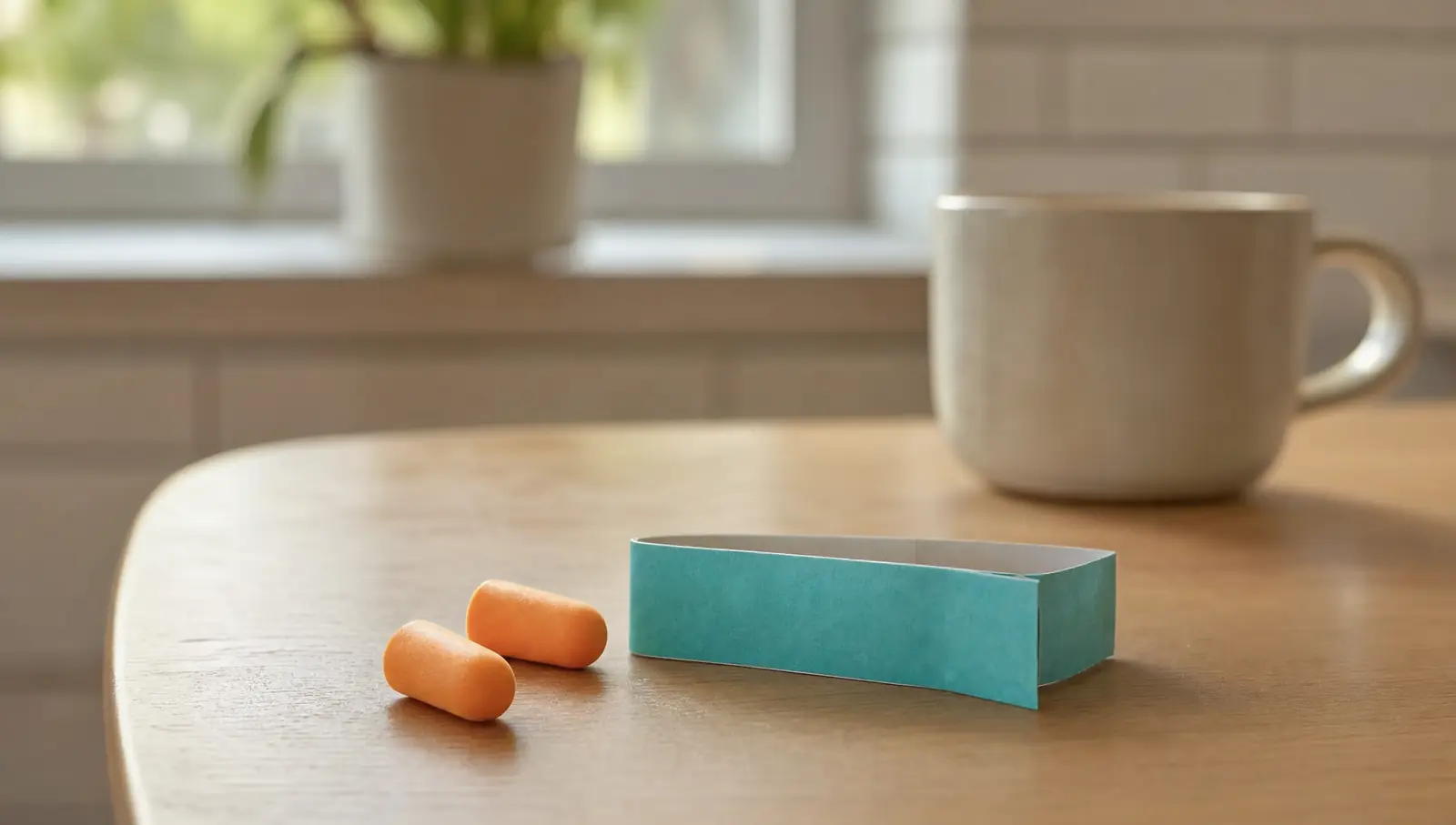Un par de tapones de espuma anaranjados y una pulsera de papel de concierto sobre una mesa de cocina con luz suave de mañana, junto a una taza de café