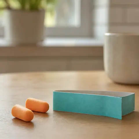 Un par de tapones de espuma anaranjados y una pulsera de papel de concierto sobre una mesa de cocina con luz suave de mañana, junto a una taza de café