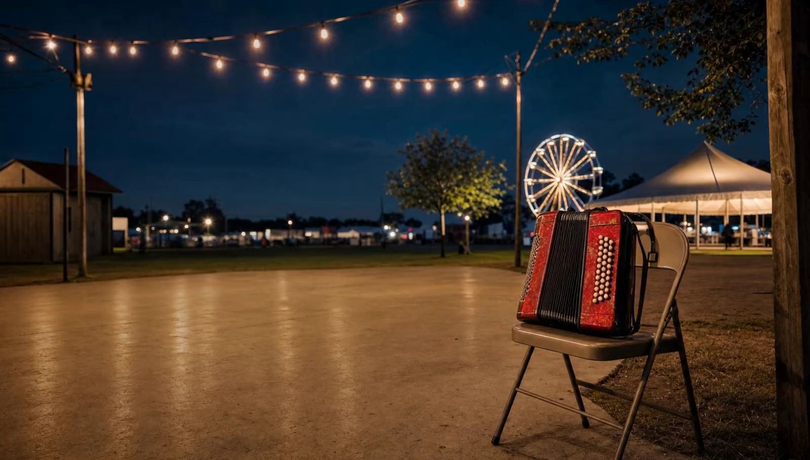 Un acordeón rojo sobre una silla plegable al borde de una pista de baile vacía, bajo una hilera de focos, con una rueda de la fortuna encendida al fondo